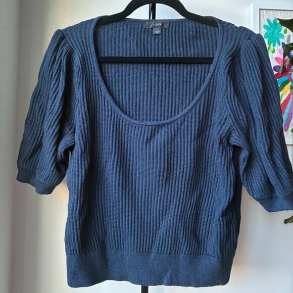 J. Crew Navy Blue Cashmere-Cotton Blend Scoop Neck Short Sleeve Sweater - Size L - Picture 2 of 8